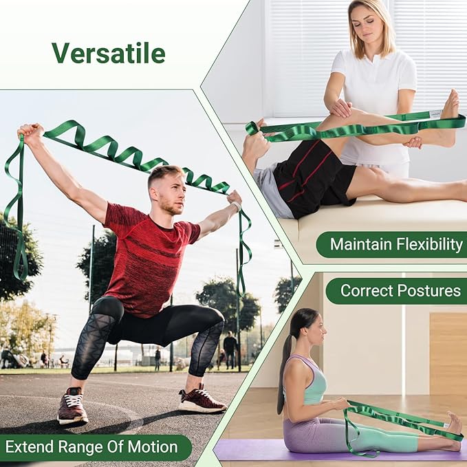 Stretch Strap With Loops For Physical Therapy, Yoga Straps For Stretching With Loops, Non-elastic Leg Straps For Knee Rehab, 8 ft Long x 1.2 inch Wide-FlexoryFit