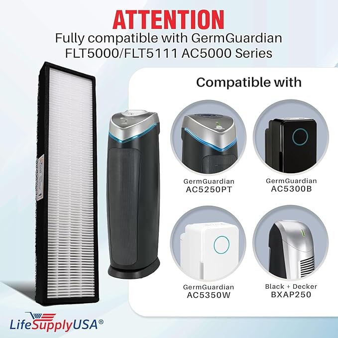 LifeSupplyUSA True HEPA Replacement Compatible with GermGuardian FLT5000/FLT5111 AC5000 Series Air Cleaners, Filter C (2-Pack)