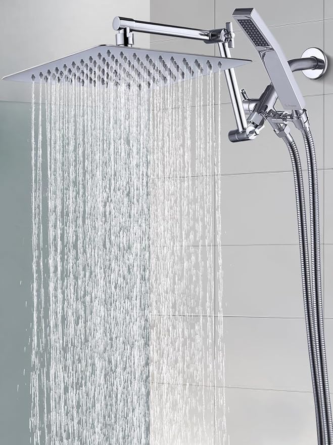 G-Promise All Metal 12 Inches Rainfall Shower Head with Handheld Spray Combo, 3 Settings Diverter, Adjustable Extension Arm with Lock Joints, 71 Inches Stainless Steel Hose (Chrome)