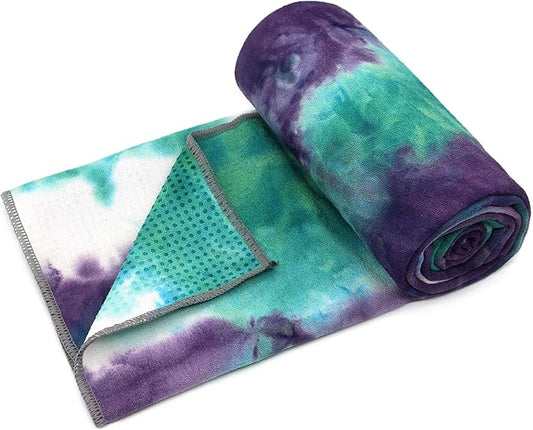 Eunzel Yoga Towel,Hot Yoga Mat Towel with Grip Dots Sweat Absorbent Non-Slip for Hot Yoga, Pilates and Workout 24" x72", Green & Purple-FlexoryFit