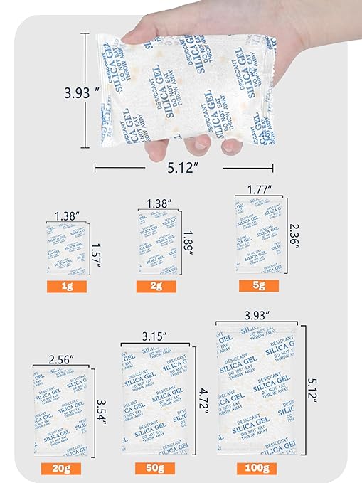 Premium 5 Gram 200 Pcs Desiccant Silica Gel Packets for Lab Distillation Apparatus, Moisture Absorbers for Food Grade Silica Packets for Foods, Seeds, 3D Filaments, Electronics, Safes