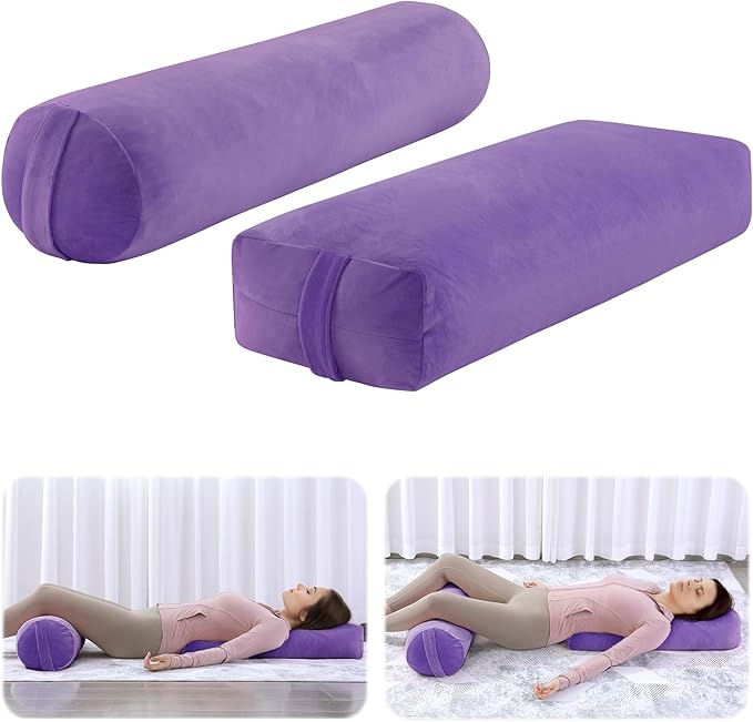 ROYALAY 2 Pcs Yoga Bolster Pillow for Restorative Yoga, Rectangular and Cylinder Meditation Pillow Set with Carrying Handles, Supportive Cushion for Exercise Workout Stretching Meditation,Purple-FlexoryFit
