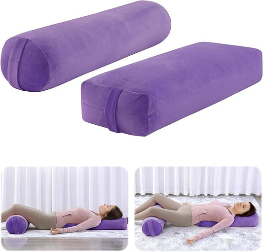ROYALAY 2 Pcs Yoga Bolster Pillow for Restorative Yoga, Rectangular and Cylinder Meditation Pillow Set with Carrying Handles, Supportive Cushion for Exercise Workout Stretching Meditation,Purple-FlexoryFit