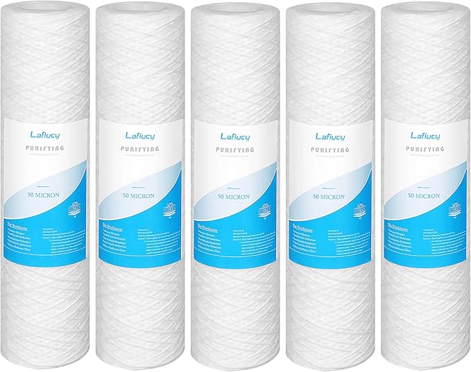 50 Micron 10" x 2.5" String Wound Sediment Water Filter Cartridge,5 Pack,Whole House Sediment Filtration, Universal Replacement for Most 10 inch RO Unit