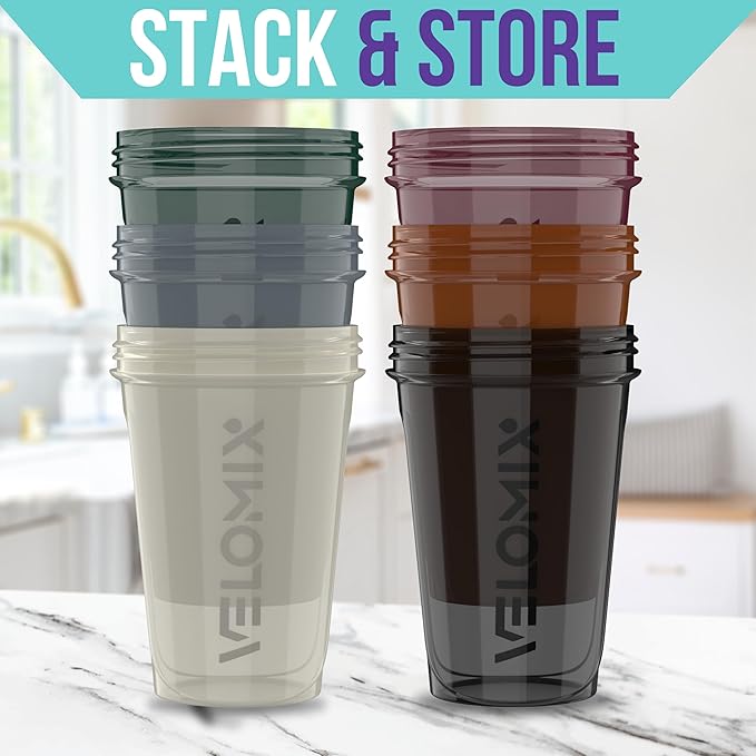'-6 PACK- Shaker Cups for Protein Shakes 20 oz - 6x Wire Whisk | Leak Proof Protein Shaker Bottle for Protein Shakes, Shaker Bottle Pack for Pre & Post Workout, Shaker Cup (Mood Tones)-FlexoryFit
