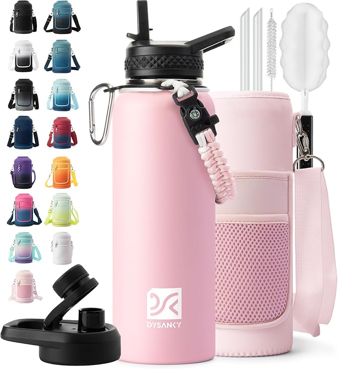 Insulated Water Bottle | Thickened Stainless Steel Vacuum Metal | Portable Sports Water Jug for Gym and Hiking with Straw, Carrier Bag, Handle Strap | BPA-Free 40 oz, Pink-FlexoryFit