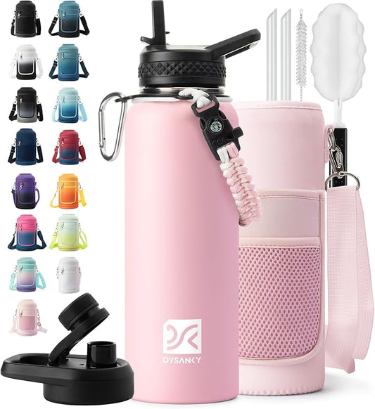 Insulated Water Bottle | Thickened Stainless Steel Vacuum Metal | Portable Sports Water Jug for Gym and Hiking with Straw, Carrier Bag, Handle Strap | BPA-Free 40 oz, Pink-FlexoryFit