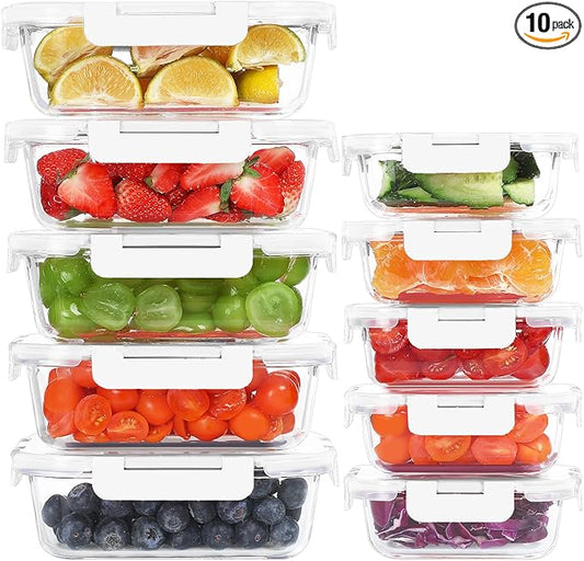10 Pack Glass Food Storage Containers, Meal Prep Containers with Lids, Airtight Glass Lunch Boxes, Freezer, Oven, and Microwave Safe, White-FlexoryFit