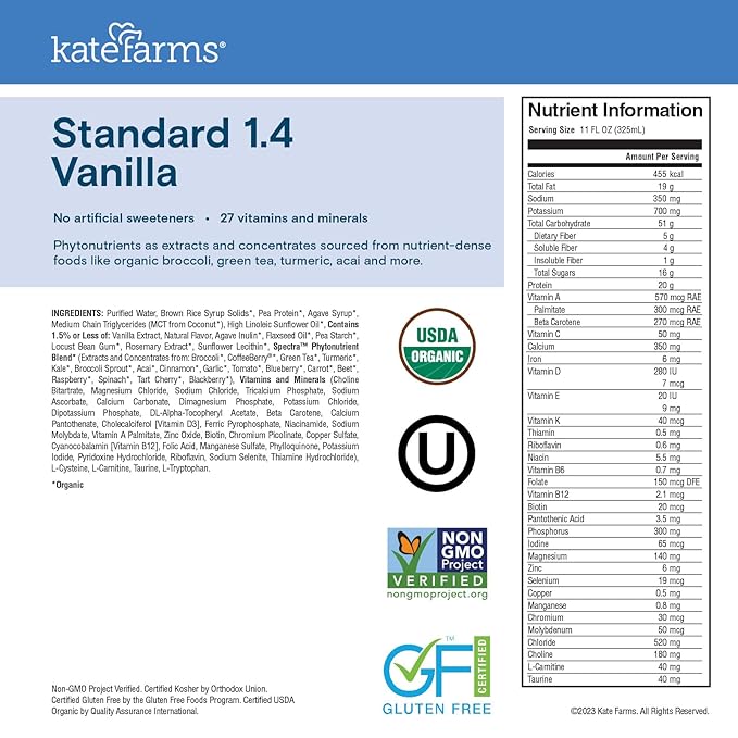 KATE FARMS Organic 1.4 High Calorie Nutrition Shake, Vanilla, 20g Protein, 27 Vitamins and Minerals, Meal Replacement, Protein Shake, 11 oz (12 Pack)-FlexoryFit