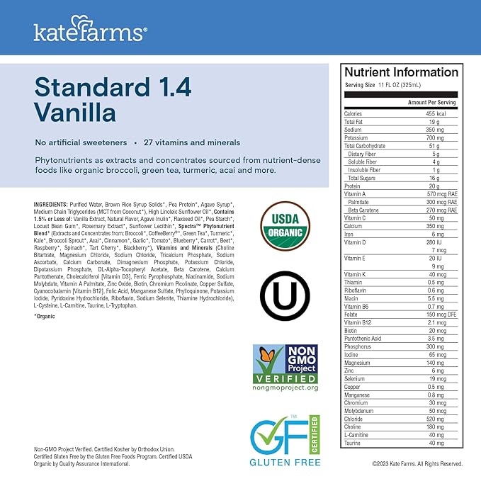 KATE FARMS Organic 1.4 High Calorie Nutrition Shake, Vanilla, 20g Protein, 27 Vitamins and Minerals, Meal Replacement, 11 oz (6 Pack)-FlexoryFit