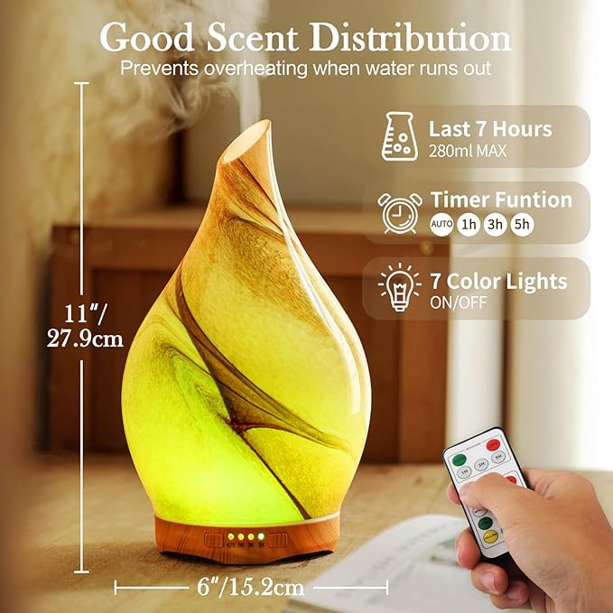 Porseme 280ml Essential Oil Diffuser Glass Color Changing Aroma Air Diffusers Aromatherapy Ultrasonic Cool Mist Humidifier with Remote Control 7 Running Hours Waterless Auto-Off (Desert)