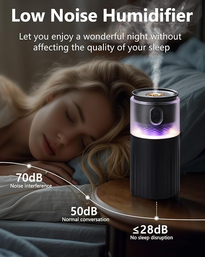 OATSBASF Portable Mini Humidifier, Small Cool Mist Car Humidifier with Night Light, 28dB Quiet Cool Mist Air Humidifier for Bedroom, Office, Plants, Dorm, 2 Mist Modes, Easy to Fill and Clean (Black)