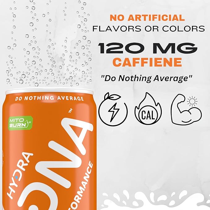 HYDRADNA- Clean Performance Drink, Zero Sugar | For Natural Fuel, Alertness, Boost, Stamina,120 mg Organic Caffeine, Natural Flavors, Zero Sucralose, Clean Ingredients (12 Pack) (12 Pack, Peach)-FlexoryFit