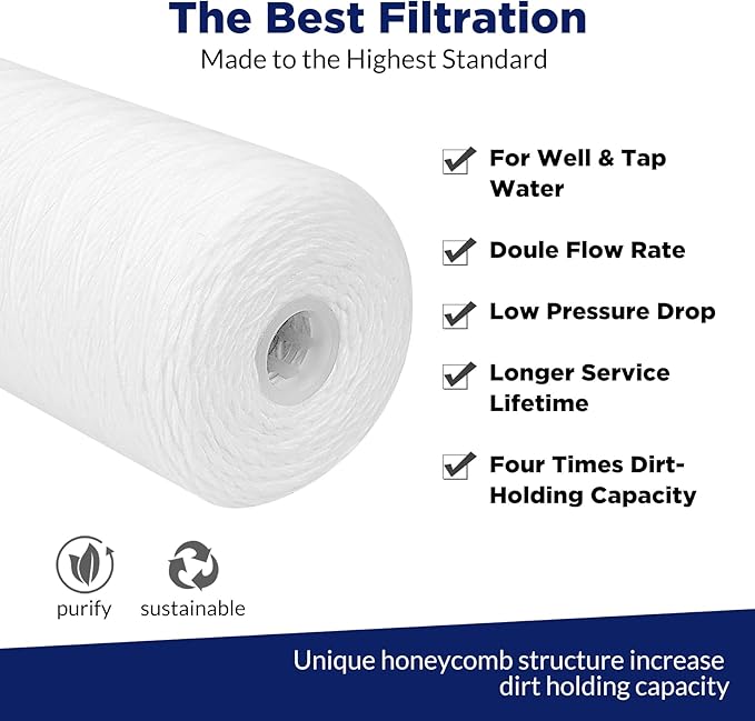 Membrane Solutions 5 Micron 10"x4.5" String Wound Whole House Water Filter Replacement Cartridge Universal Sediment Filters for Well Water - 4 Pack