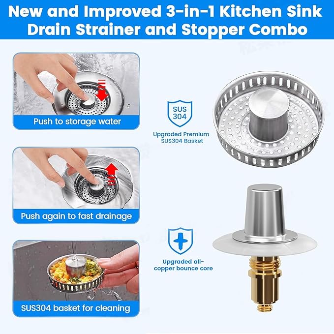 Upgraded 3-in-1 Kitchen Sink Drain Strainer Stopper 2025|Rust-Proof Strainer Basket |Universal Fit for Standard 3.5" Drains |Anti-Clog&Odor Filter |Efficient Drainage (Stainless Steel, 1 PC)
