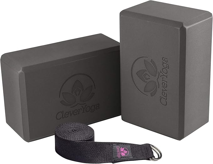 Clever Yoga Blocks & Strap - Lighweight Foam Yoga Blocks 2 Pack with 8ft Cotton Yoga Strap Set Kit for Beginners & Pros, Accessories & Equipment for Women & Men - Gray-FlexoryFit