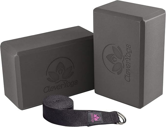 Clever Yoga Blocks & Strap - Lighweight Foam Yoga Blocks 2 Pack with 8ft Cotton Yoga Strap Set Kit for Beginners & Pros, Accessories & Equipment for Women & Men - Gray-FlexoryFit