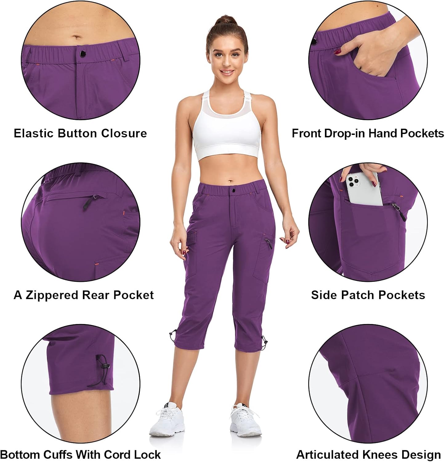 GymBrave Women's Hiking Cargo Pants Quick Dry Outdoor Camping Capris Water Resistant UPF 50 with Zipper Pockets