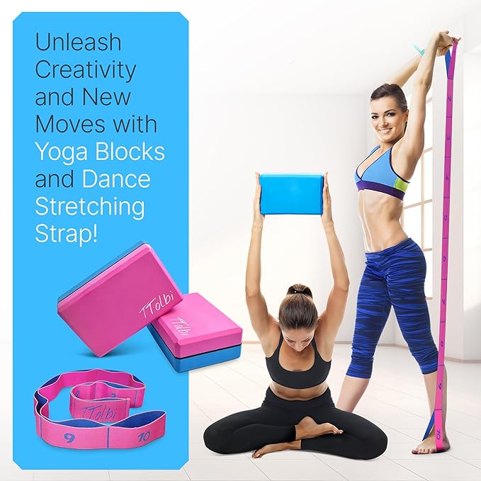 Yoga Blocks 2 Pack Set with Dance Stretch Band & Guide: Non-Slip EVA Foam Block - Ideal Stretching Equipment for Home Workouts, Pilates, Dance, Ballet, Gymnastics, Exercise - Stretch Strap Stuff Props-FlexoryFit