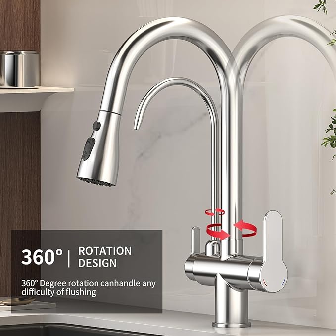 Kitchen Sink Faucet with Pull - Down Sprayer, 2 - Handle 3 - in - 1 Kitchen Sink Filter Faucet, Cold and Hot Mixer Drinking Water Faucet (Chrome-02)