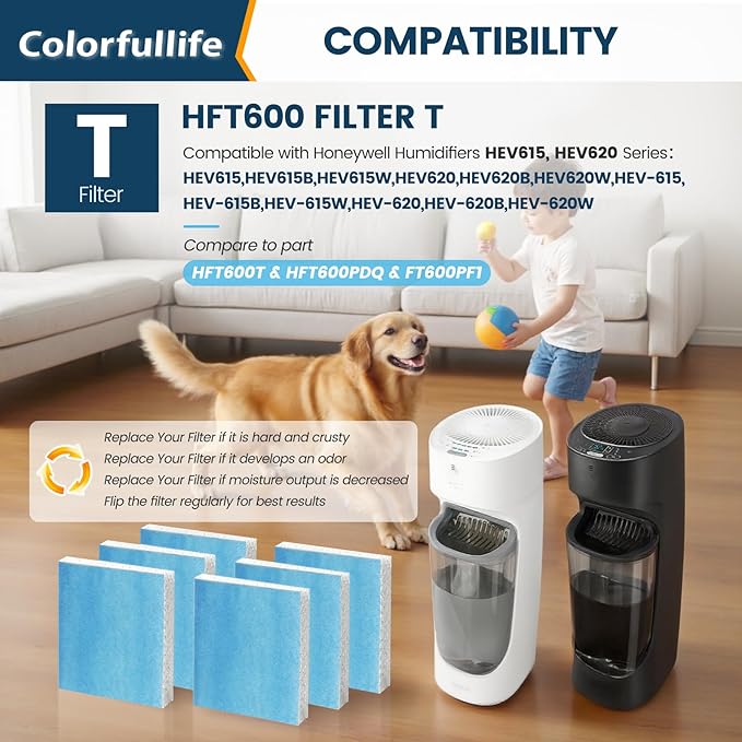 Colorfullife 4 Pack Humidifier Wicking Filter T for Honeywell Top Fill Tower Humidifier HEV615, HEV620, Upgraded HFT600PF1 Replacement Filter T with Blue Pre-Filter, Replace Parts HFT600T HFT600PDQ