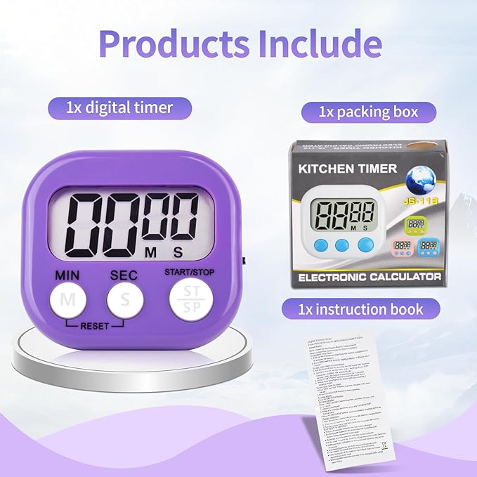 12 Pack Digital Kitchen Timer Magnetic Digital Timer with Big Display Loud Ring Cooking Timers for Kitchen Electronic Timer for Cooking, Bathing, Gym, Break Time, Classroom(12,White,Blue,Purple)-FlexoryFit