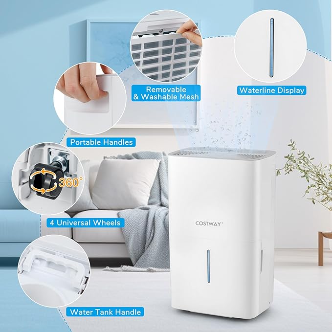 COSTWAY 150 Pints Energy Star Dehumidifier with Pump, 7000 Sq.Ft Portable Home Dehumidifier for Basements with 2 Modes & 3 Fan Speeds, 2.4 Gallon Tank,16.4 FT Pump Drain Hose
