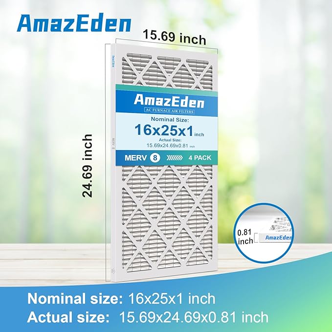 16x25x1 Air Filter 4-Pack MERV 8 MPR 600 Pleated Furnace Filters Replacement HVAC AC Furnace Dust Defense (Actual Size: 15.69x24.69x0.81 Inches)
