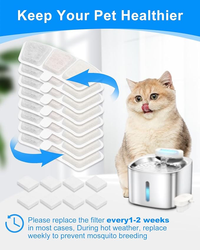 8+8 Pack Cat Water Fountain Filter Replacement Compatible with oneisall PW04 3.5L/118oz, Cat Fountain Filters Replacement Fit for oneisall, Multilayer Filters System, 8 Filters + 8 Sponge