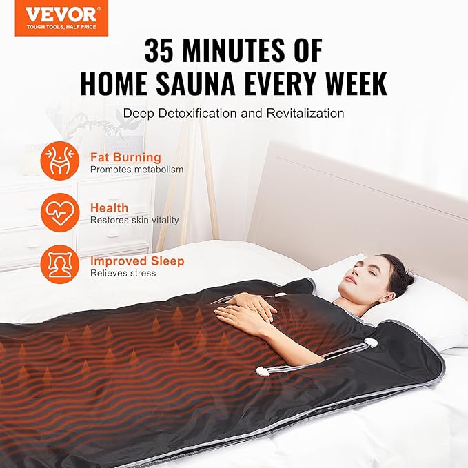 VEVOR Sauna Blanket, Compact Infrared Home Sauna with Oxford Fabric, Features Arm Openings & Carbon Fiber Warmers, Temp Settings 95-176℉, Timer 5-60 Mins, 75x35 inches