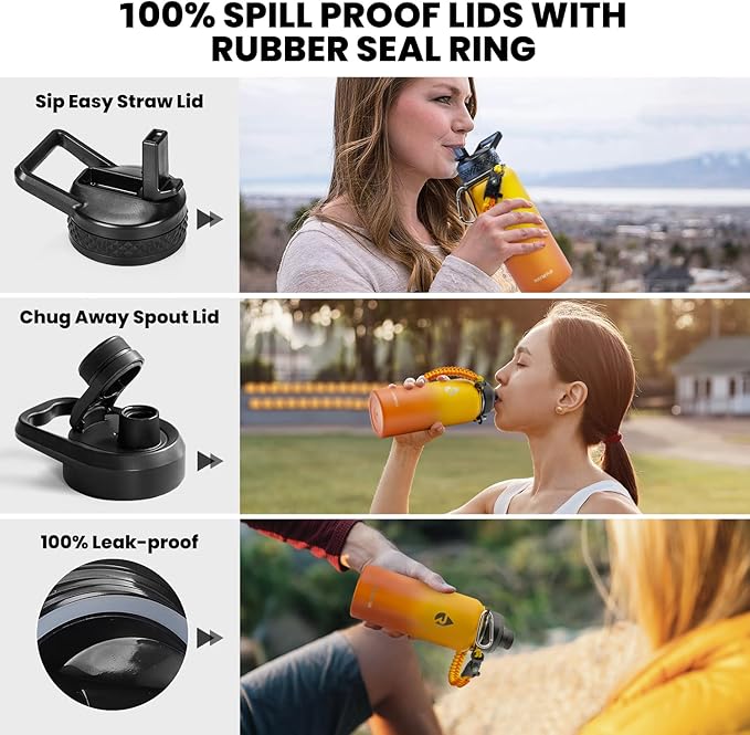 Insulated Water Bottle 32 oz, Triple Wall Vacuum Stainless Steel (Cold for 48 Hrs), Leak Proof & Non-BPA, Modern Water Flask Jug with Paracord Handle & Straw Spout Lids, Ombre Orange-FlexoryFit