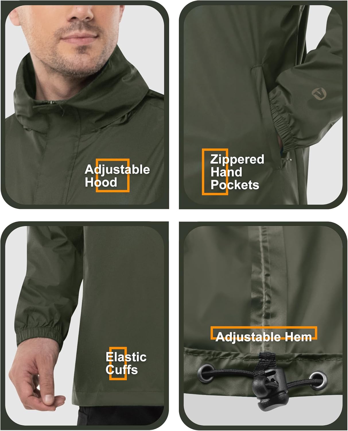 Outdoor Ventures Men's Rain Jacket Waterproof Lightweight Packable Rain Pullover for Hiking Golf Running