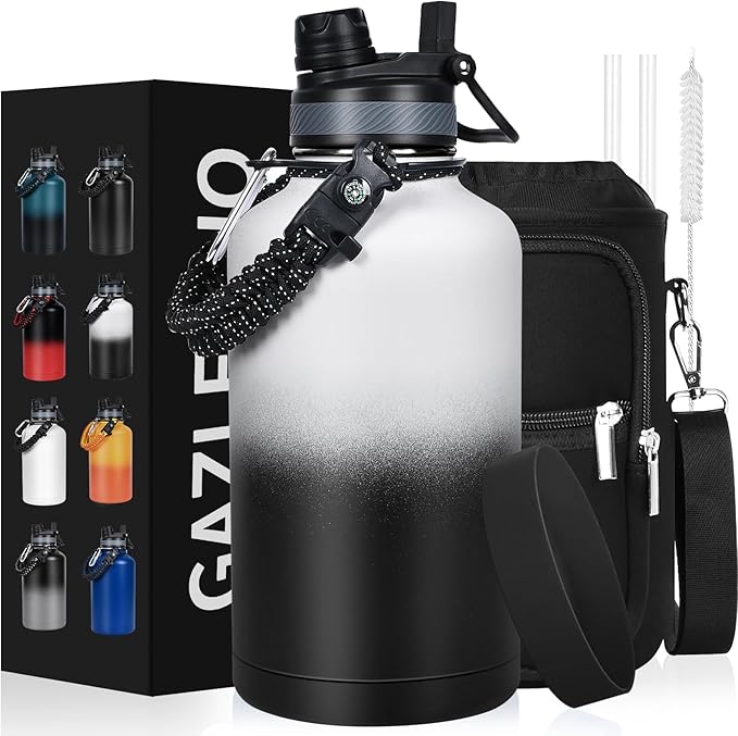 Insulated Water Bottle 64 oz, Half Gallon Water Jug Cold 48H, BPA Free Stainless Steel Bottles with Straw/Chug 2-in-1 Lid, Bag, Paracord Handle, Silicone Boot, Sports Gym School Metal Flask-FlexoryFit