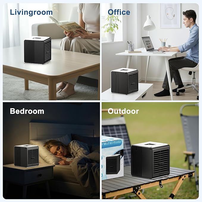 Portable Mini Air Conditioner,BIESQYA 3-in-1 Personal Small Ac Unit Cooler, 3 Speed USB Powered Desk Fan Swamp Evaporative Windowless Humidifier for Room Office Camping Car Black