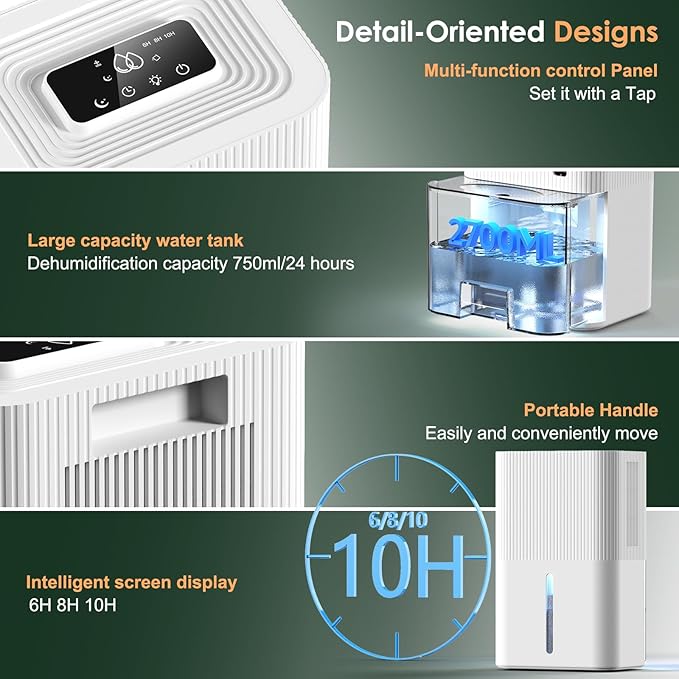 Portable Home Dehumidifier for Basements|91 OZ Tank|900 sq.ft Coverage|Quiet Smart Design with Auto Shut-Off White (91 oz)