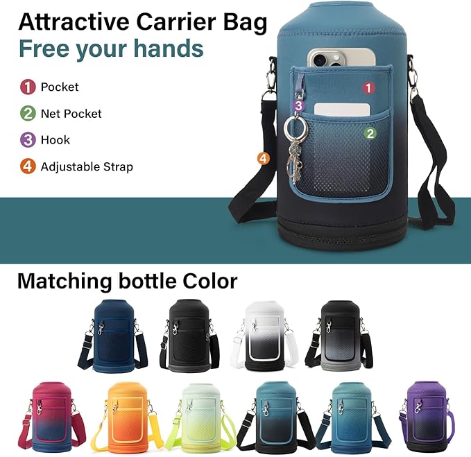 1 Gallon Water Bottle Insulated | Thickened Stainless Steel Vacuum Metal Water Jug | Portable Sports Large for Gym and Hiking with Straw, Carrier Bag, Handle Strap | BPA-Free 128 oz-FlexoryFit