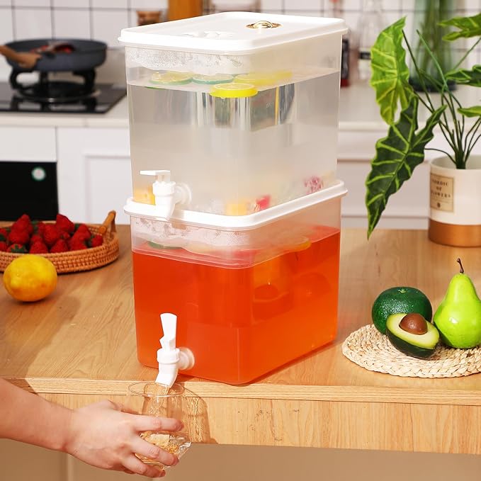 Domensi 10 Pack 2 Gallon Drink Dispenser for Fridge with Spigot Water Dispenser Leak Proof Lids Filter Screen Beverage Juice Container Sealed Plastic Lemonade Milk Cold Hot Drink Tea Jug for Party