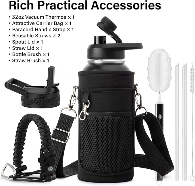 Insulated Water Bottle | Thickened Stainless Steel Vacuum Metal | Portable Sports Water Jug for Gym and Hiking with Straw, Carrier Bag, Handle Strap | BPA-Free 32 oz-FlexoryFit