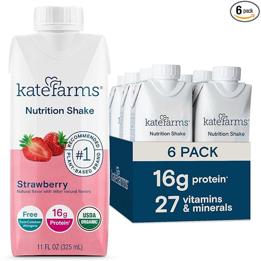 KATE FARMS Organic Nutrition Shake, Strawberry, 16g of Protein, 27 Vitamins and Minerals, Meal Replacement, Protein Shake, 11 Fl oz (6 Pack)-FlexoryFit
