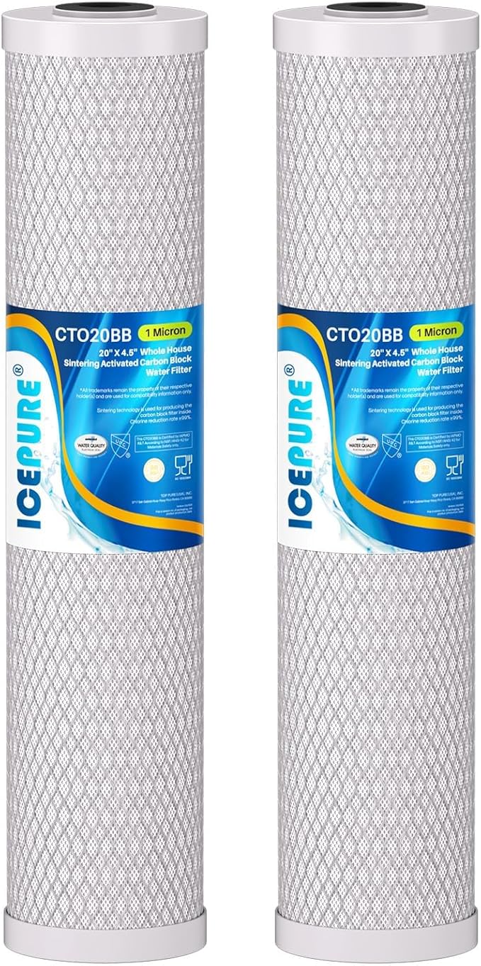 ICEPURE CTO20BB 1 Micron 20" x 4.5" Whole House CTO Coconut Shell Activated Carbon Water Filter Replacement Cartridge, Compatible with FC25B, EPM-20BB, CB-BB-20, DB20P, EP-20BB, CTO-F20B-5, 2 Pack