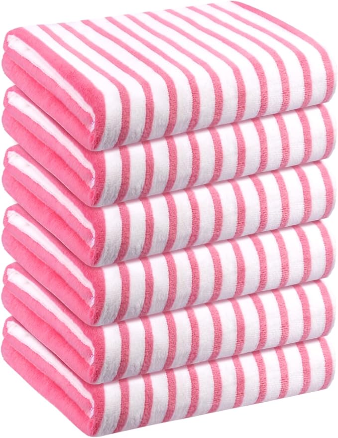 JML Microfiber Beach Towels, Quick Dry Bath Towel Set 6 Pack, 27" x 55" - Cabana Stripe -No Fading, No Linting Microfiber Towels for Hair Wrap, Pool, Bath, Sport, Yoga, Camping, Swimming, Pink-FlexoryFit