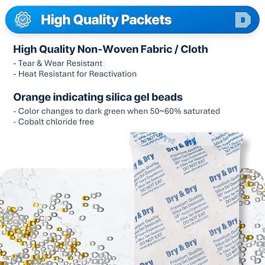 Dry & Dry 500 Gram [120 Packs] Orange Indicating(Orange to Dark Green) Mixed Silica Gel Packets - Food Safe Rechargeable Silica Packets Desiccants Silica Gel Packs Silica Gel Packets