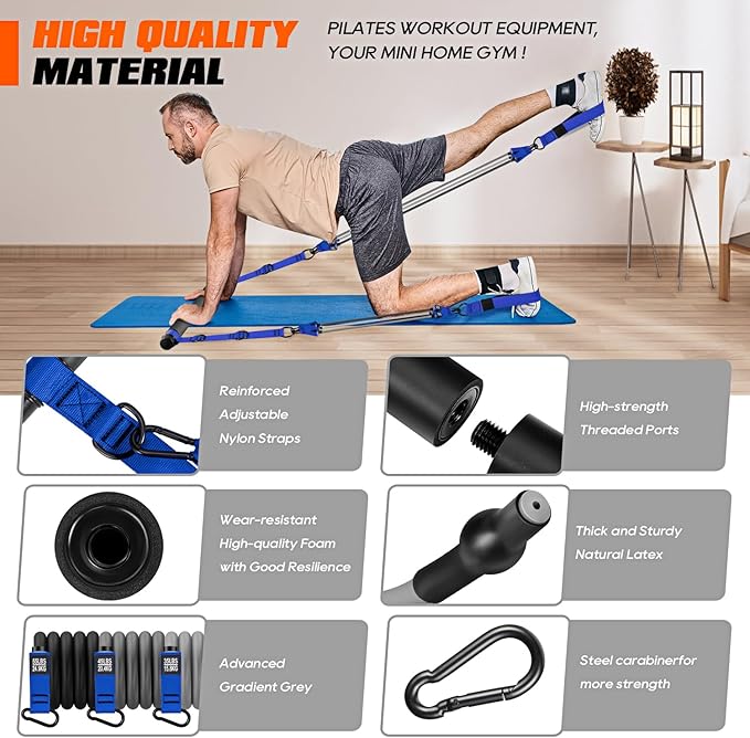 Pilates Bar Kit with Resistance Bands, Heavy Duty Pilates Equipment for Men, Strength Training Bar for Legs, Hip, Back, Arm, Abs, Chest, Shoulders, Portable Home Gym Full Body Workout Equipment-FlexoryFit