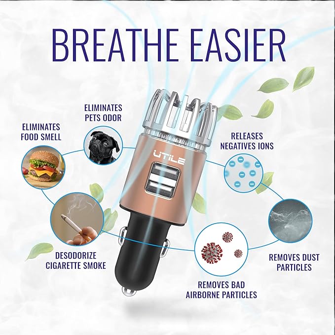 UTILE Car Ionizer Odor Eliminator Purifier with Dual USB Car Charger – Ionic Air Freshener| 2.1A/0.8W USB Charging for Phone, Tablet and Other Devices (Copper, Pack of 1)