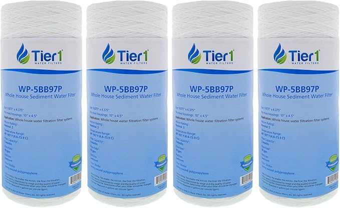 Tier1 0.5 Micron 10 Inch x 4.5 Inch | 4-Pack String Wound Polypropylene Whole House Sediment Water Filter Replacement Cartridge | Compatible with Pentek 355212-43, WP.5BB97P, Home Water Filter