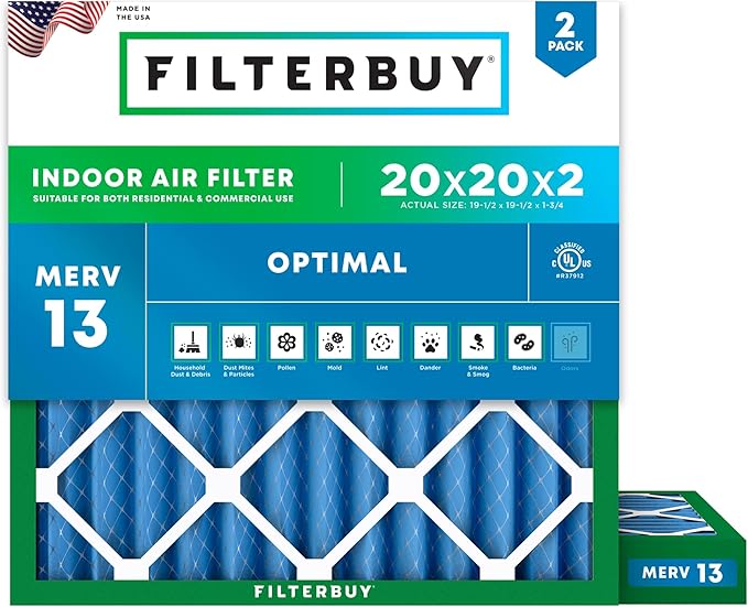 Filterbuy 20x20x2 Air Filter MERV 13 (MPR 1900) Health Defense Replacement (2-Pack), Electrostatic Pleated HVAC AC Furnace Filters, Made in USA (Actual Size: 19.50 x 19.50 x 1.75)