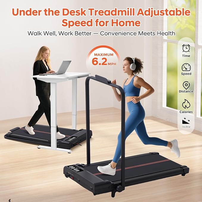 Walking Pad with Handle Bar and Incline, 3.0HP Portable Small Treadmills with Handles for Home Small Spaces, 0.6-6.2MPH Electric Compact Walking Pads Treadmills with Incline, 320LB Capacity