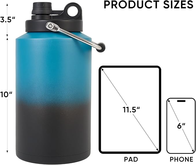Kerilyn Insulated Gallon Jug with Handle, One Gallon, 128oz Stainless Steel, Large Double Vacuum Water Bottle for Hot & Cold Drinks, Wide Mouth, Sweat Proof, Great for Travel, Camping, Blue Gradient-FlexoryFit