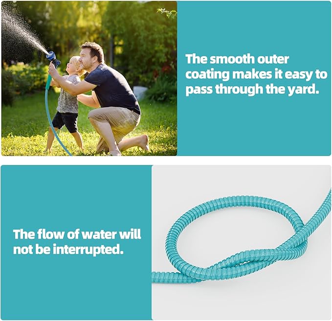 50ft 304 Stainless Steel Garden Hose Metal, Heavy Duty Water Pipe with Nozzles for Yard, Outdoor - Flexible, Never Kink & Tangle, Puncture Resistant (Sky Blue)