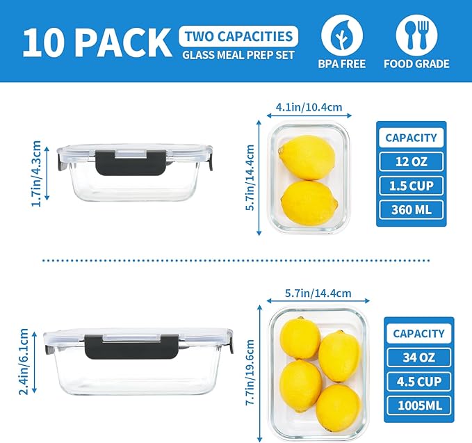 10-Pack Glass Food Storage Containers with Lids [Air-Tight,Leak-Resistant] Glass Containers for Food Storage, Meal Prep, Microwave, Freezer, Dishwasher Safe-FlexoryFit